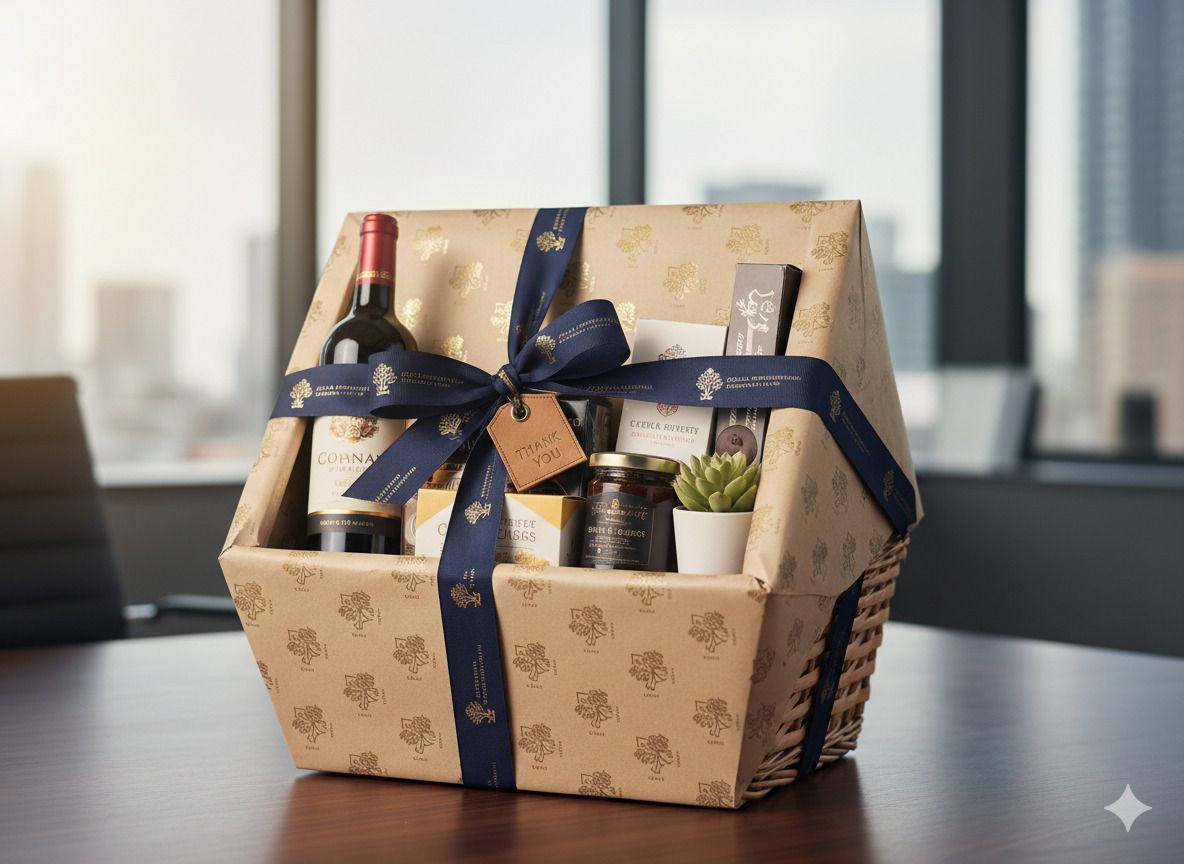 Corporate gift hamper with branded wrapping