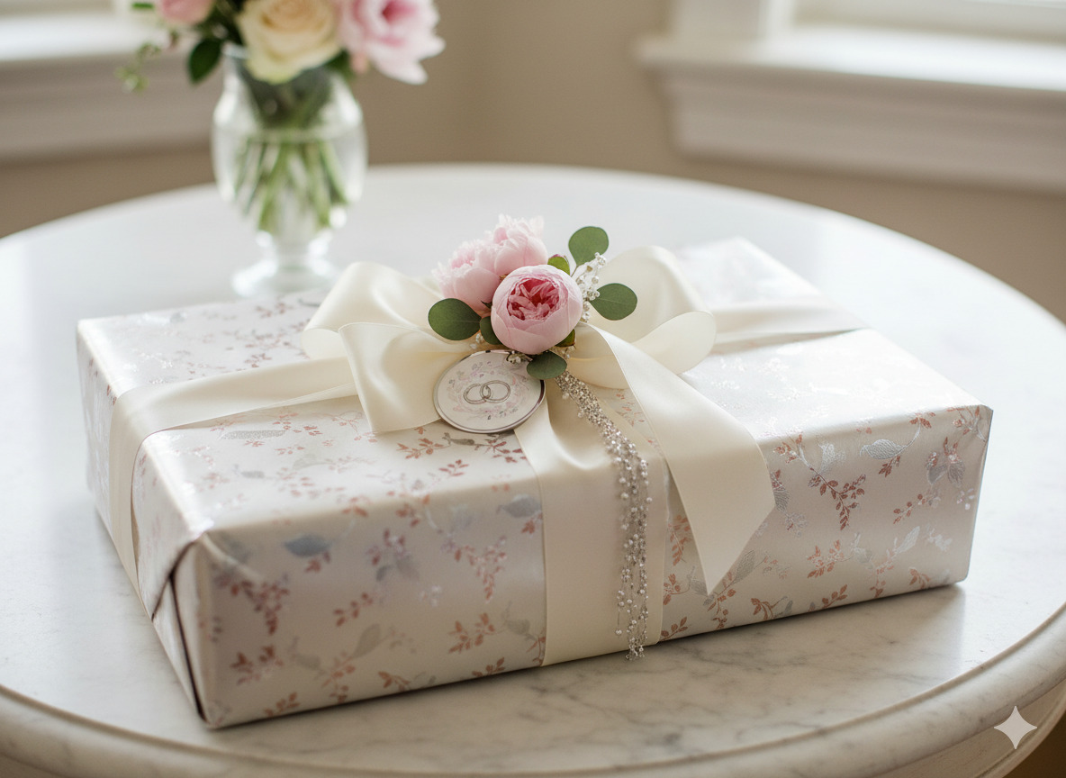 Elegant wedding gift wrapping with ribbon